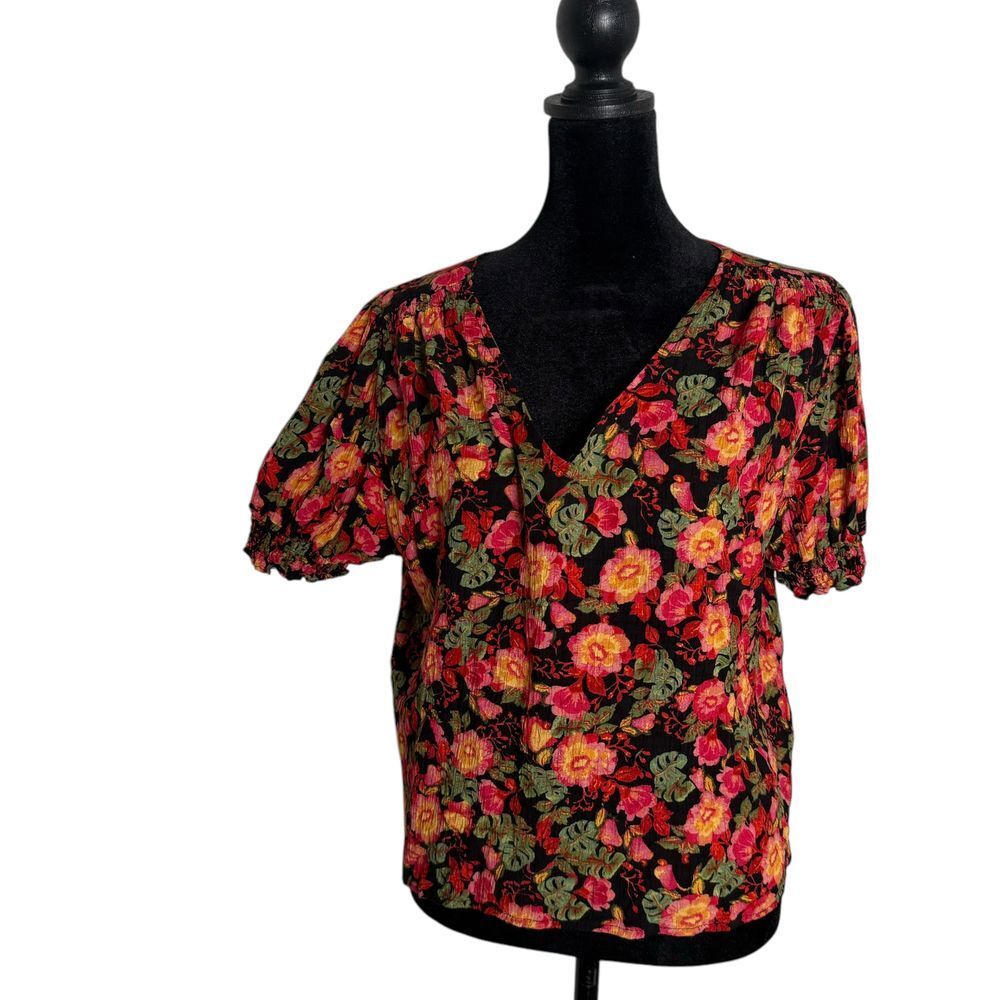 Cynthia Rowley Dark Floral Puff Sleeve Top BOHO‎ Romantic Cottagecore Smocked M